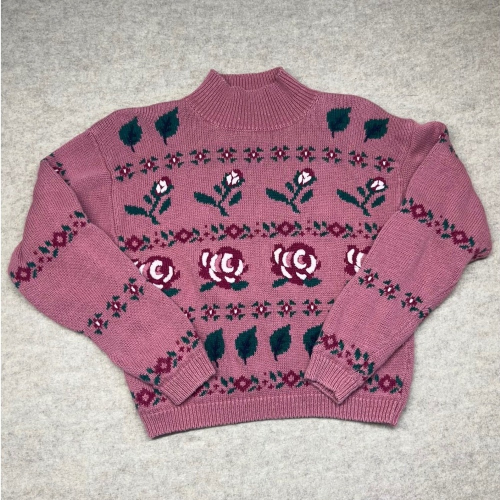 Ninon de Lenclos Floral Rose Sweater Womens Small Pink Excellent Vintage Knit